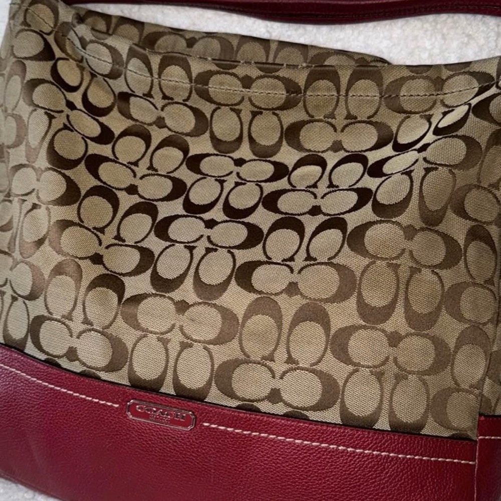 Coach Signature Canvas and Burgundy Leather Shoulder Bag